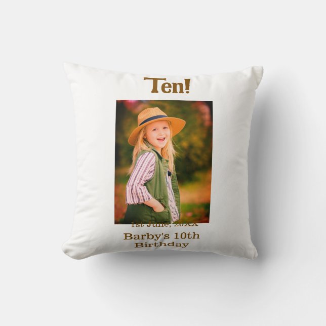 10th birthday photo name date simple brown beige b kissen (Vorderseite)