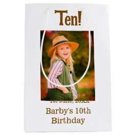 10th birthday photo name date simple brown beige b mittlere geschenktüte