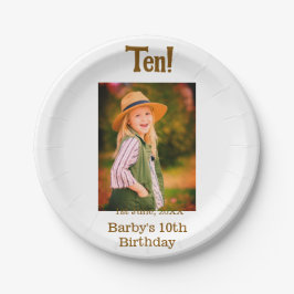 10th birthday photo name date simple brown beige b pappteller