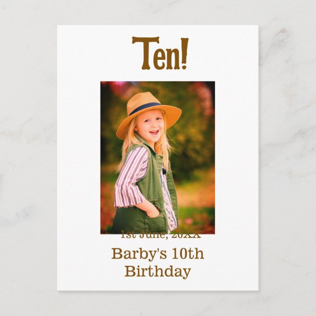 10th birthday photo name date simple brown beige b postkarte (Vorderseite)