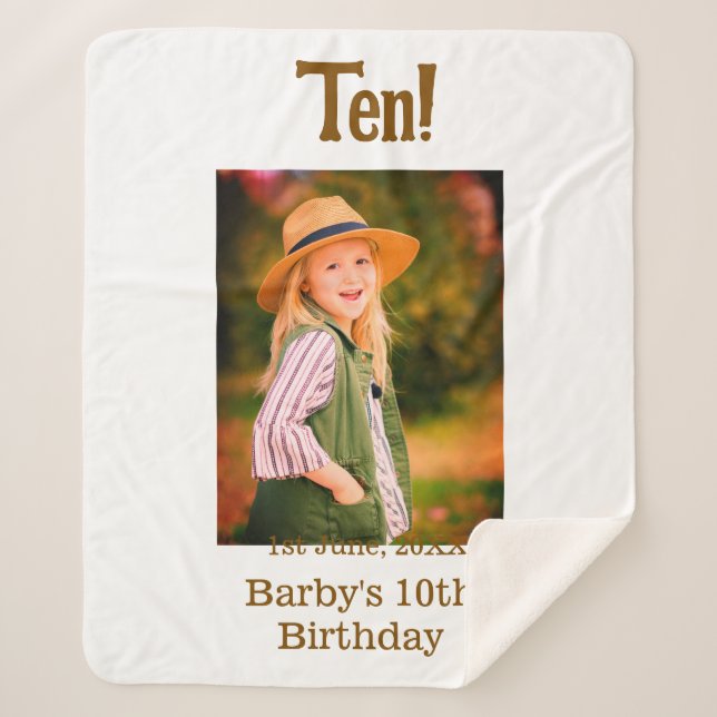 10th birthday photo name date simple brown beige b sherpadecke (Vorderseite)