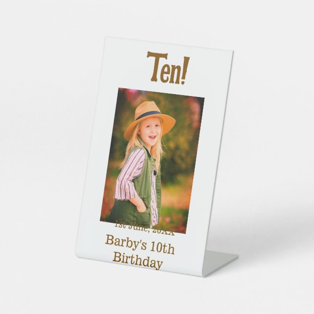 10th birthday photo name date simple brown beige b sockelschild (Vorderseite)