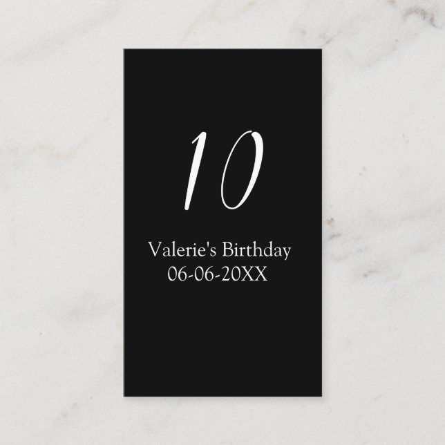 10th birthday white black name date calligraphy  visitenkarte (Vorderseite)