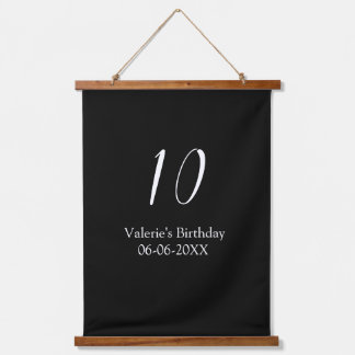 10th birthday white black name date calligraphy wandteppich mit holzrahmen