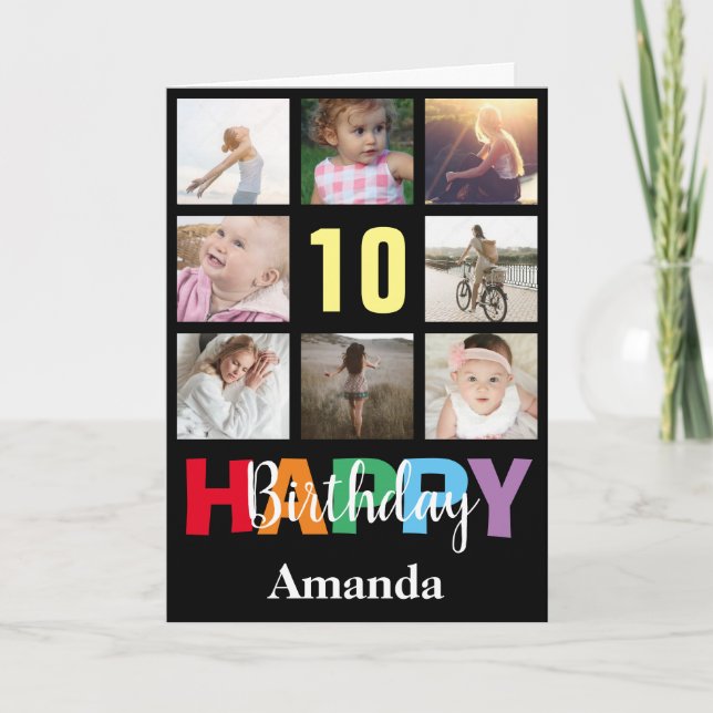 10th Happy Birthday Foto Collage Modern Black Karte (Vorderseite)