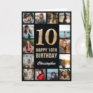 10th Happy Birthday Schwarz und Gold Foto Collage Karte