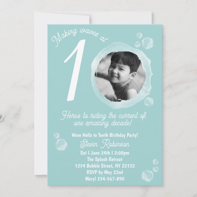 10th Pale Teal Blue Bubble Birthday Party  Einladung (Vorderseite)
