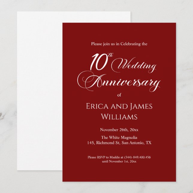 10th Tin Wedding Anniversary Elegantes Skript Einladung (Vorne/Hinten)