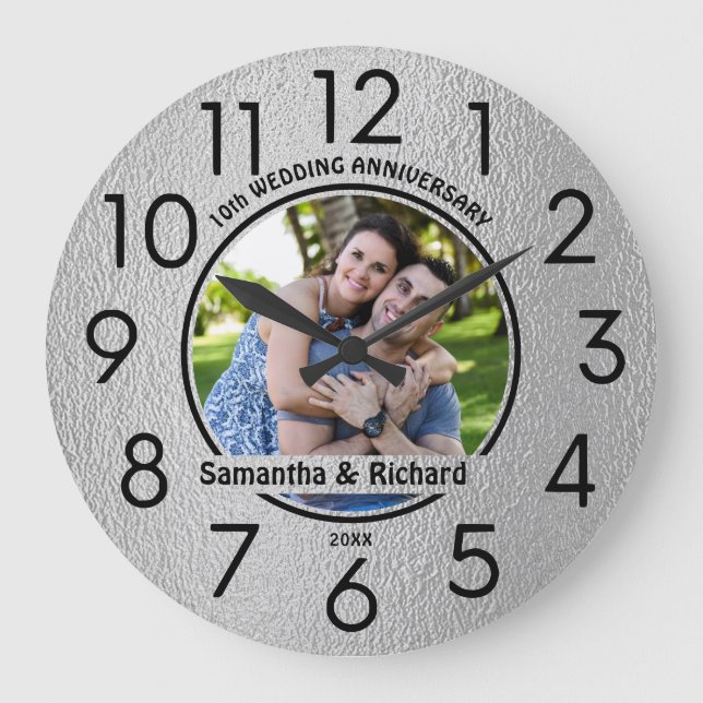 10th Wedding Tin Jubiläum Couple Name Foto Große Wanduhr (Vorderseite)