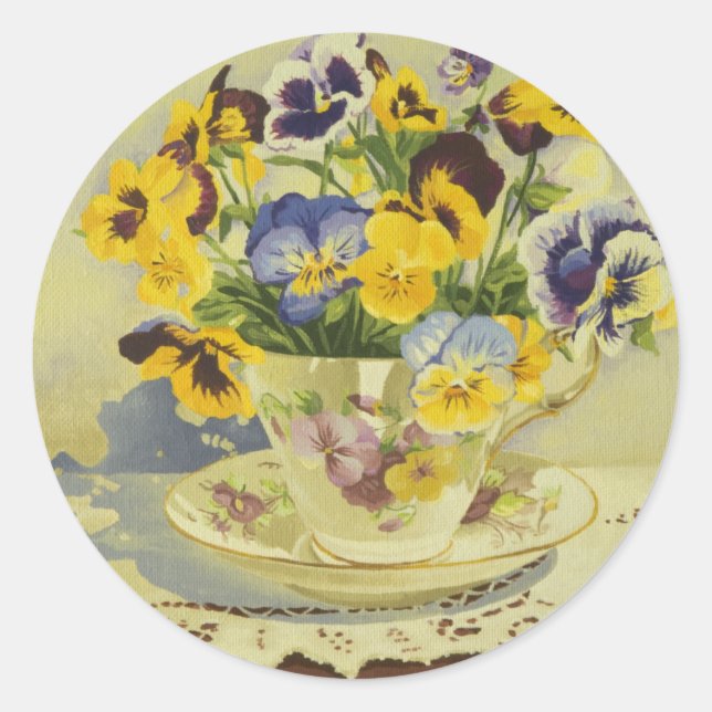 1187 Stiefmütterchen in Teacup Runder Aufkleber (Vorderseite)