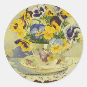 1187 Stiefmütterchen in Teetasse Runder Aufkleber
