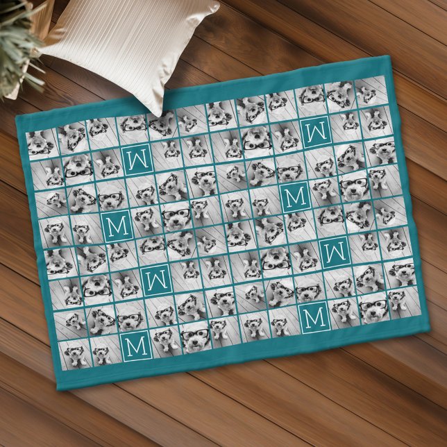 11 Bildercollage mit individuellem Monogramm Blau Fleecedecke (Custom Fleece Blanket - Add Photos and Text)