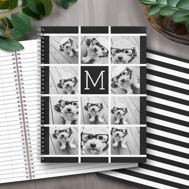 11 Foto Collage Monogram CAN EDIT schwarz Notizbuch (Personalized notebook with an area for photos and text - option for different inside pages and coils)