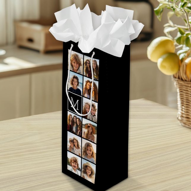 11 Foto-Gitter-Collage mit Monogramm Geschenktüte Für Weinflaschen (Custom Gift Bag with Multiple Photos)