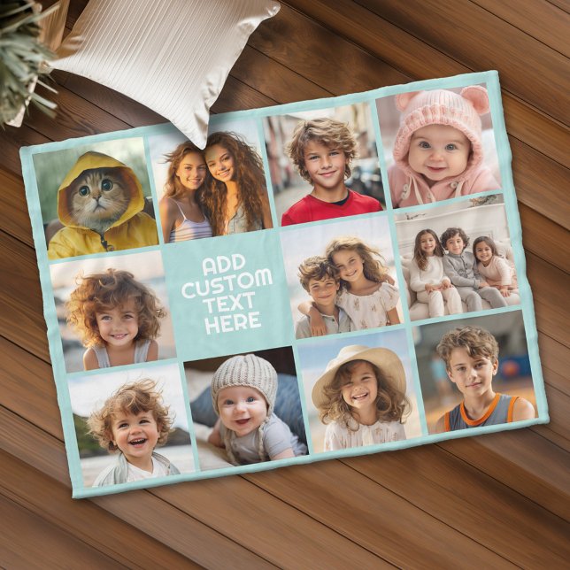 11 Foto Industrie-Box-Name - Aqua Fleecedecke (Personalized fleece blanket with 11 photos and custom text)