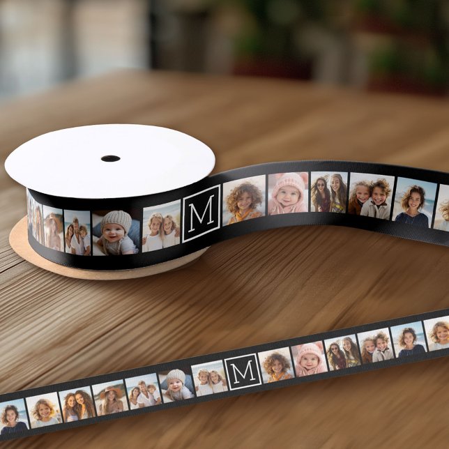 11 Foto Instagram Collage Custom Black Monogram Ripsband (Custom Ribbon on a Roll - Personalize this ribbon with you text)