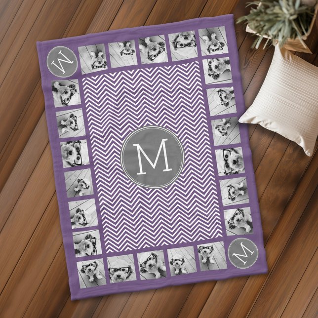 11 Foto Lila Graues Zickzack Muster mit Monogramm Fleecedecke (Personalized fleece blanket with photos and a monogram)