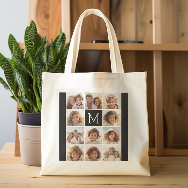 11-Foto-Raster-Collage mit Monogramm Tragetasche (Personalized tote bag with photos and custom text)