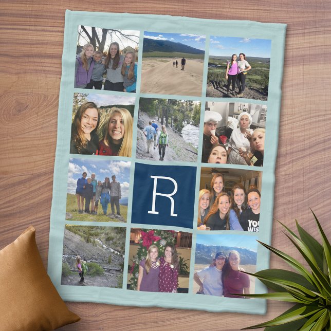 11 FotoCollage mit Monogram kann Blau bearbeiten Fleecedecke (Personalized Fleece Blanket - Add Photos and Text or Customize completely in advanced design area)