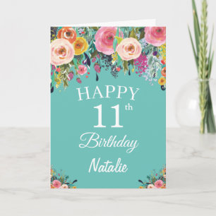 11. Geburtstag Aquarell Blumen Teal Karte