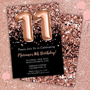 11. Geburtstag Einladung Black Rose Gold Glitzer