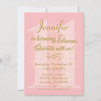 11. Geburtstag Einladung Girls Pink Gold Herzen