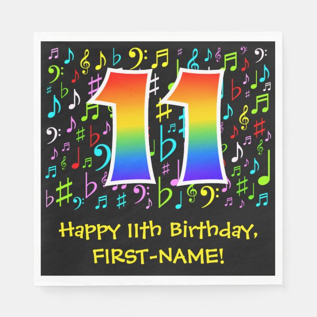 11. Geburtstag - Farbige Musiksymbole, Regenbogen  Serviette (Vorderseite)