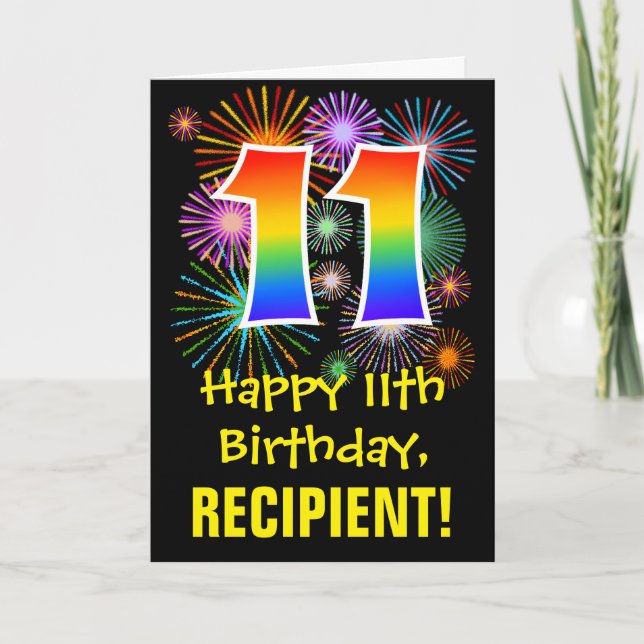11. Geburtstag: Fun Fireworks Pattern + Regenbogen Karte (Vorderseite)
