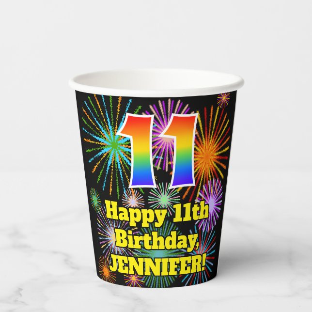 11. Geburtstag: Fun Fireworks Pattern + Regenbogen Pappbecher (Rückseite)