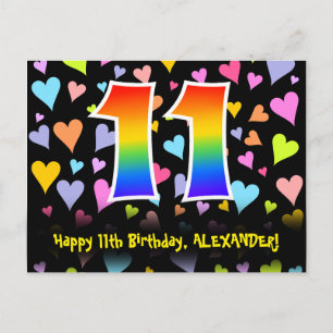 11. Geburtstag: Fun Hearts Muster, Regenbogen 11 Postkarte