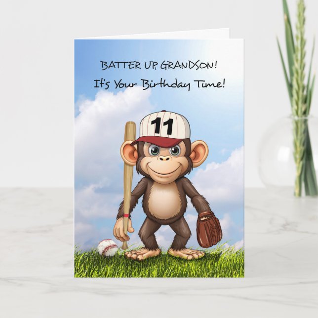 11. Geburtstag Grandson Baseball Monkey Bat Ball Karte (Vorderseite)