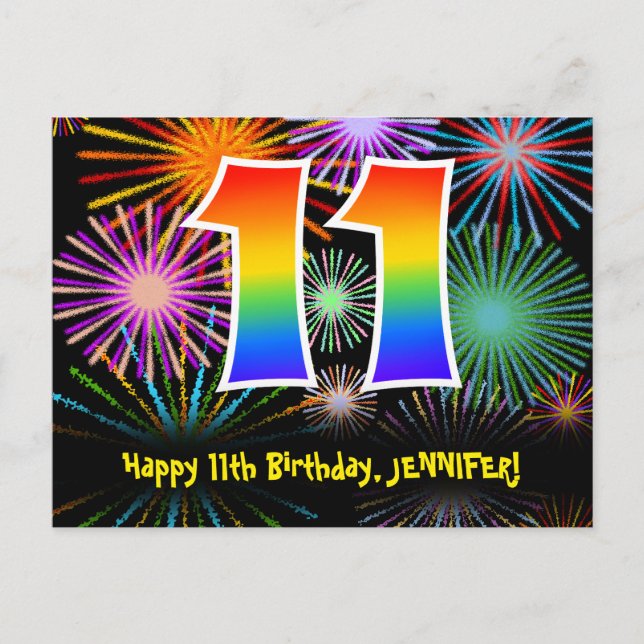 11. Geburtstag – Lustiges Feuerwerk Muster + Regen Postkarte (Vorderseite)