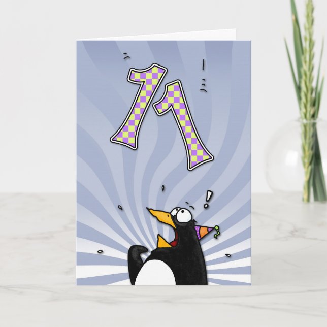 11. Geburtstag - Pinguin-Überraschungs-Karte Karte (Vorderseite)