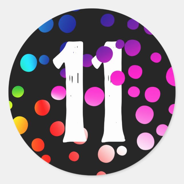 11. Geburtstag Rainbow Dots auf Black Runder Aufkleber (Vorderseite)