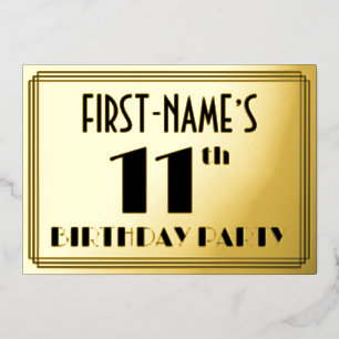 11. Geburtstagsfeier — Art Deco-Look „11“ + Name Folieneinladung