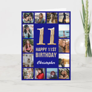 11. Happy Birthday Navy Blue & Gold Foto Collage Karte