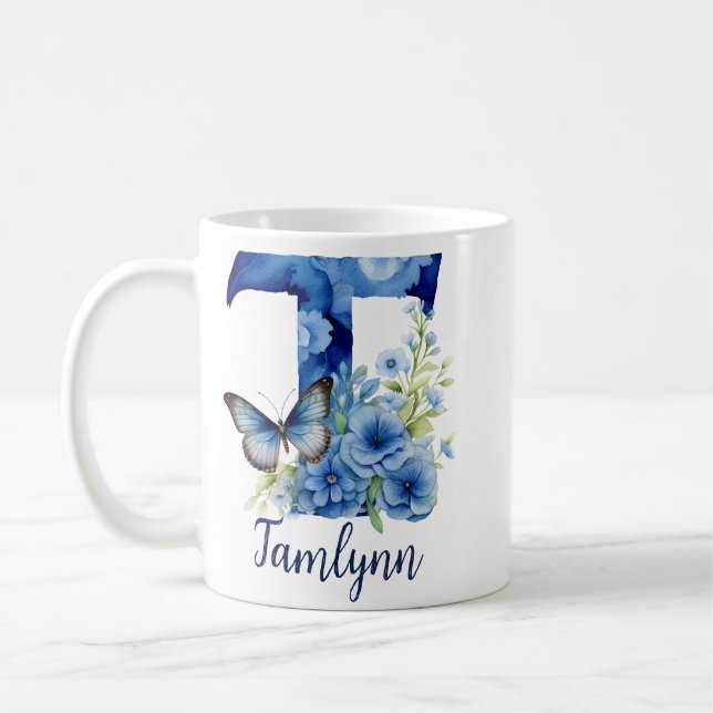 11 oz Floral Blue Mit Monogramm Coffee Tasse (Links)