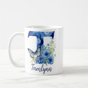 11 oz Florale blaue monogrammierte Kaffeetasse