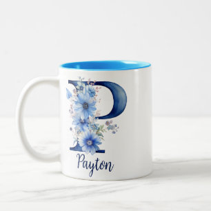 11 oz Florales blaues monogrammiertes Kaffeetasse