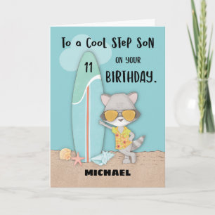 11 Step Son Birthday Beach Funny Cool Raccoon Karte