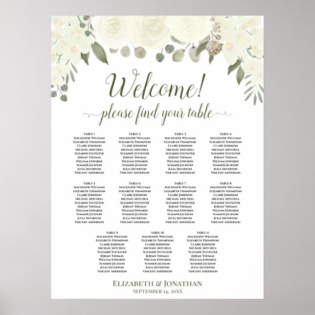 11 Tabelle Elfenbeinweiße Rosen Hochzeitstabelle Poster (Vorne)