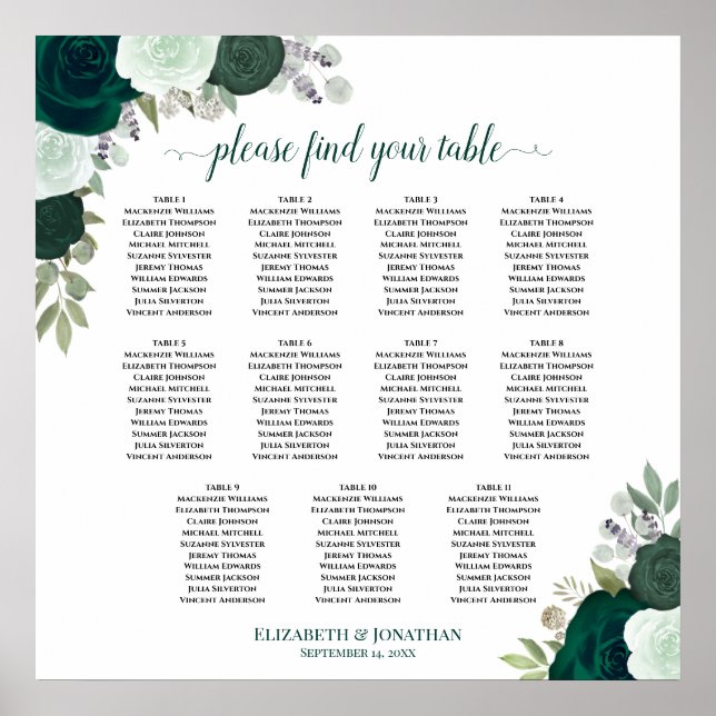 11 Tabelle Emerald Floral Wedding Seating Chart Poster (Vorne)