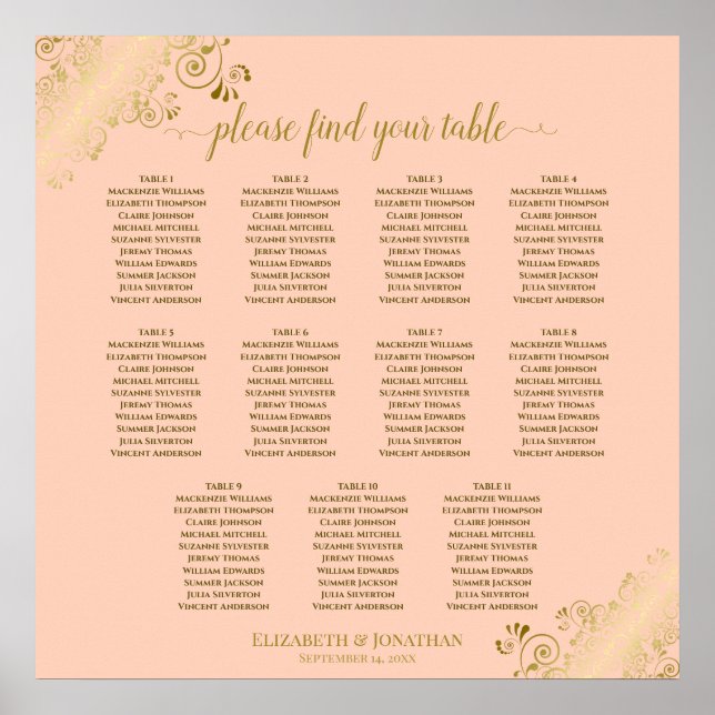 11 Tabelle Hochzeitskarten Korallenpfirsich & Gold Poster (Vorne)