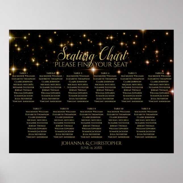 11 Tabelle Hochzeitskarten Schwarz & Gold Stars Poster (Vorne)