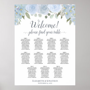 11 Tisch Dusty Blue Rosen Hochzeit Sitzordnung Poster