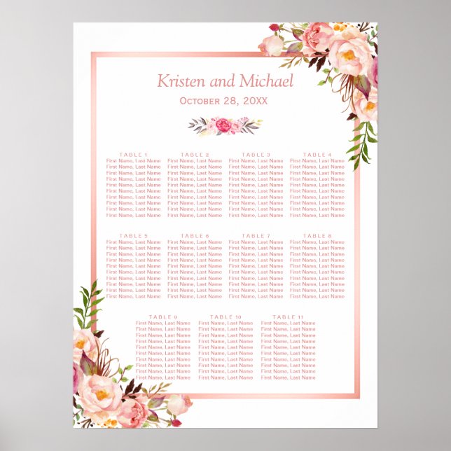 11 Tische Hochzeitskarte | Rose Gold Floral Poster (Vorne)
