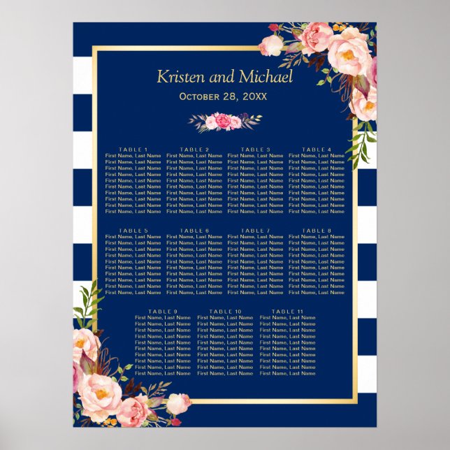 11 Tische Hochzeitstabelle | Navy Blue Floral Poster (Vorne)