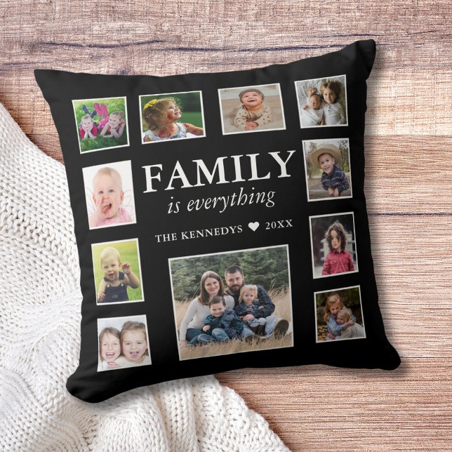 11 Zitat der Fotocollage Familienname Schwarz Kissen (11 Photo Collage Family Name Quote Black Throw Pillow
)