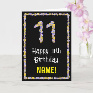 11th Birthday: Floral Flowers Number, Custom Name Karte