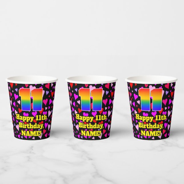 11th Birthday: Loving Hearts Pattern, Rainbow 11 Pappbecher (Multi)